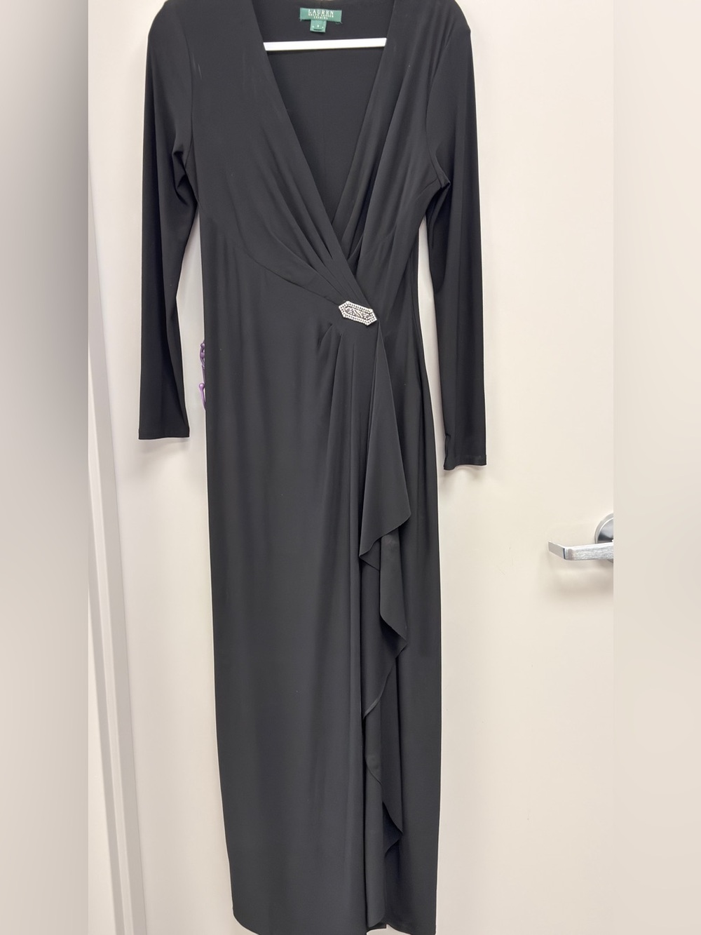 Lauren Ralph Lauren Evening Black Faux Wrap Rhinestone Gown Size 8